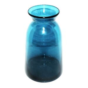 Vintage Blue Glass Vase 8-in Tall Hand Blown Style Cylindrical Flared Rim